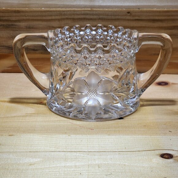 Vintage Jenkins Dahlia Clear Cut Glass Sugar Bowl Starburst Handles - Picture 1 of 8